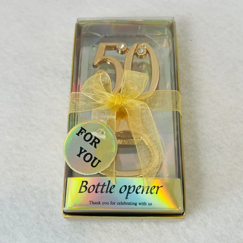 Gold 50th Birthday Anniversary Bottle Opener Rhinestone Party Favor‎ Gift Box